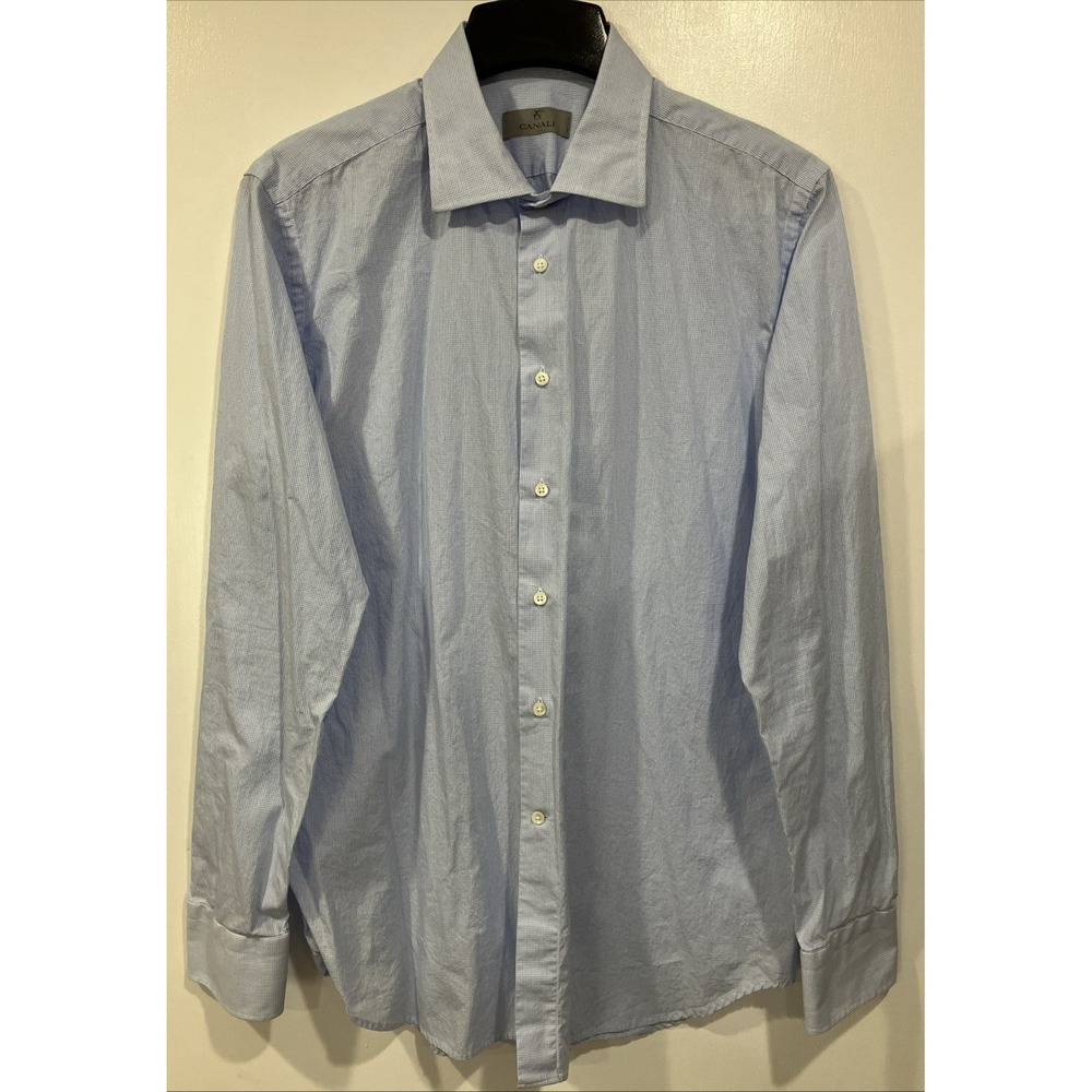 Canali‎ Men's Microcheck Blue Dress Shirt 43-17 Long Sleeve Italy Button Up